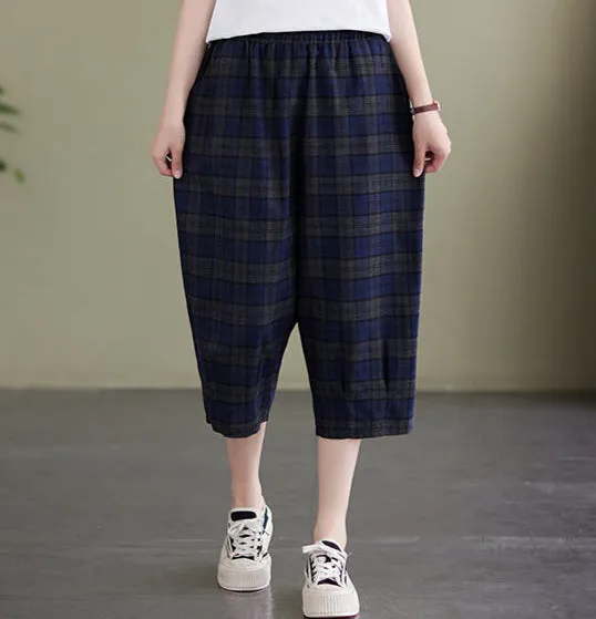 Women's Retro Loose Plaid Cotton Linen Cropped Pants