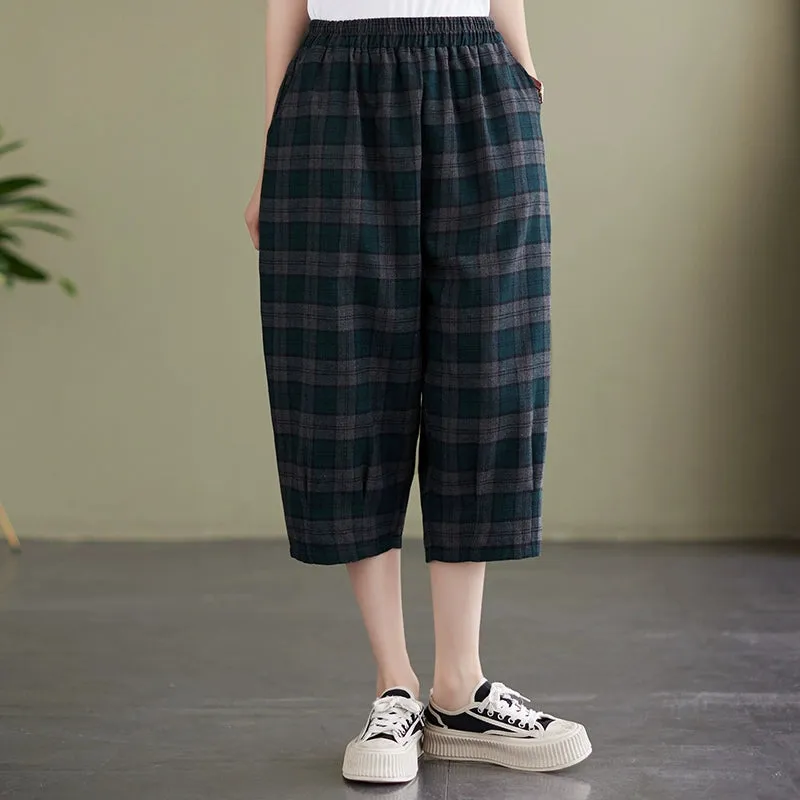 Women's Retro Loose Plaid Cotton Linen Cropped Pants