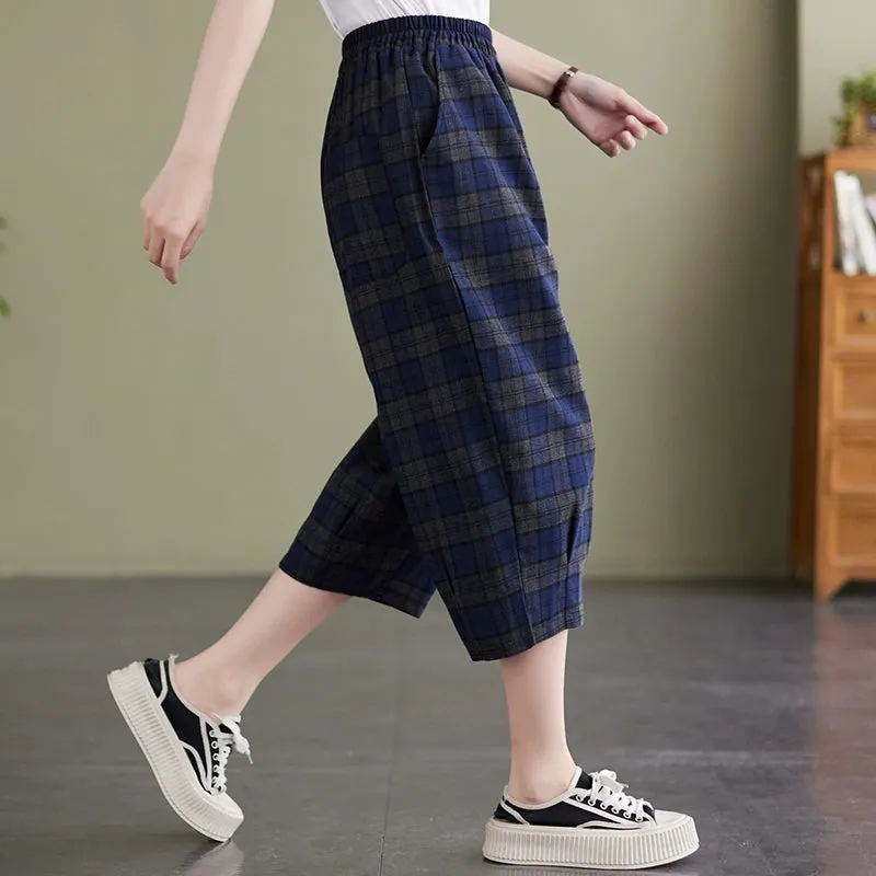Women's Retro Loose Plaid Cotton Linen Cropped Pants