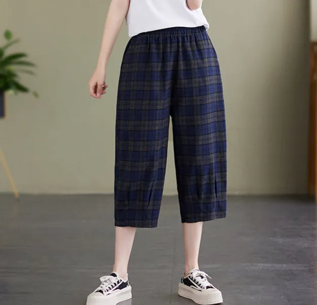 Women's Retro Loose Plaid Cotton Linen Cropped Pants