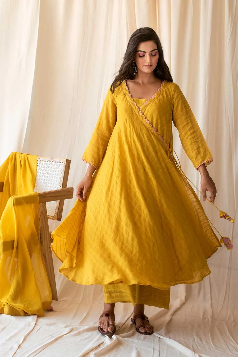 Yellow Handloom Cotton Angrakha Set (Set of 4)