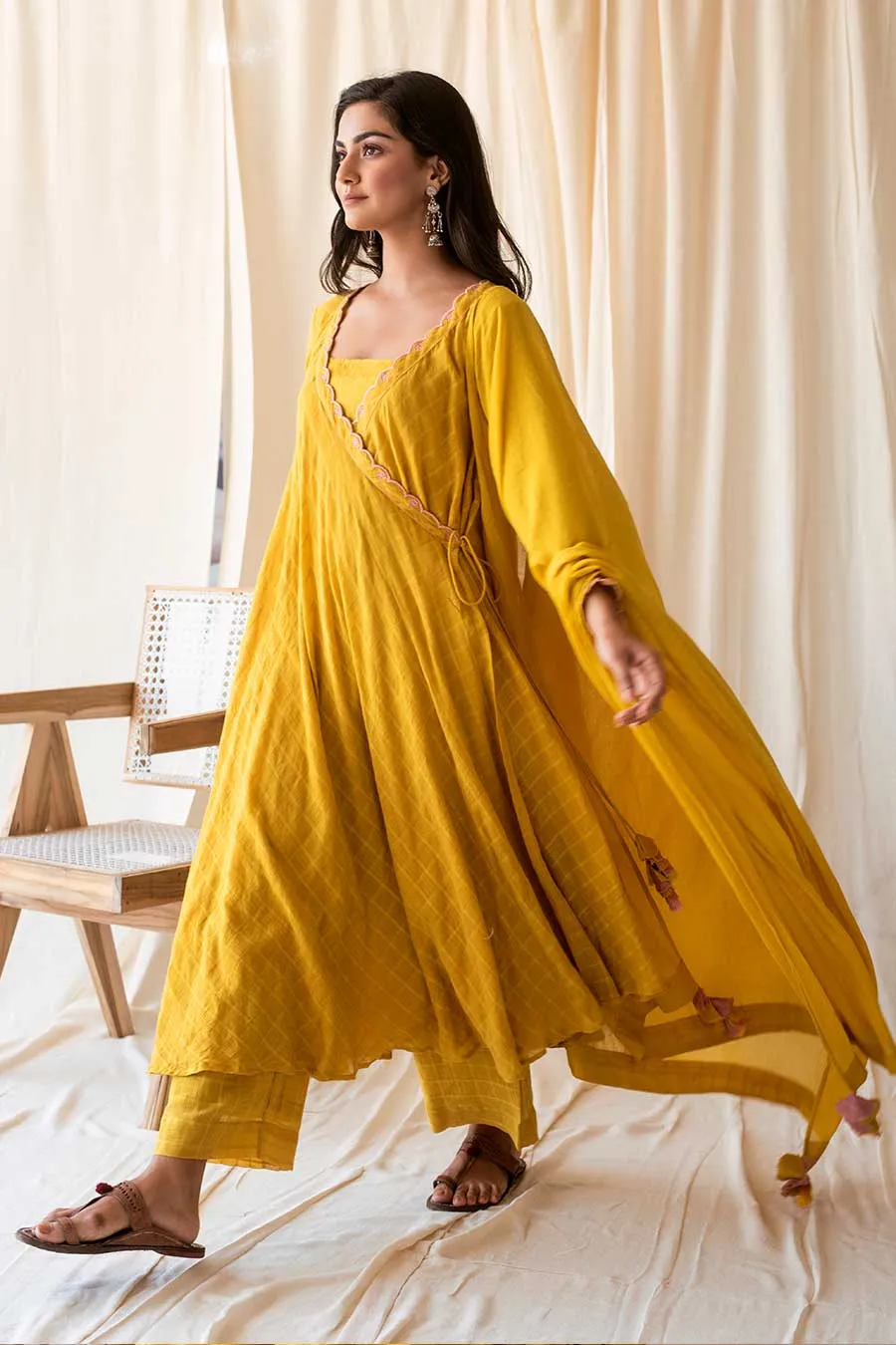 Yellow Handloom Cotton Angrakha Set (Set of 4)