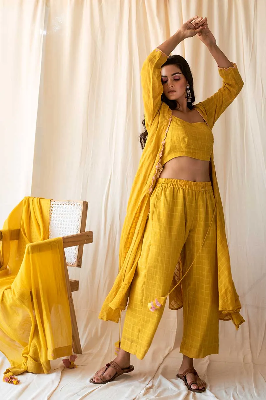Yellow Handloom Cotton Angrakha Set (Set of 4)