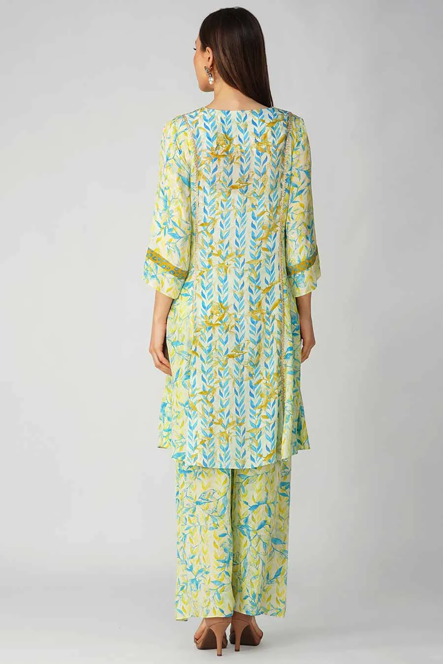 Yellow Leaf Printed Panelled Tunic & Pant Set