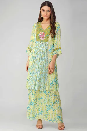 Yellow Leaf Printed Panelled Tunic & Pant Set
