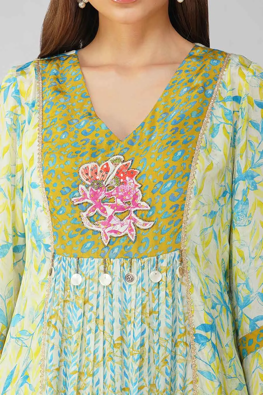 Yellow Leaf Printed Panelled Tunic & Pant Set