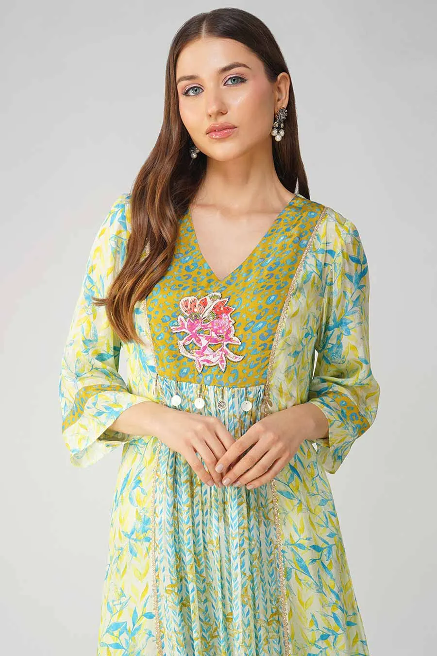 Yellow Leaf Printed Panelled Tunic & Pant Set