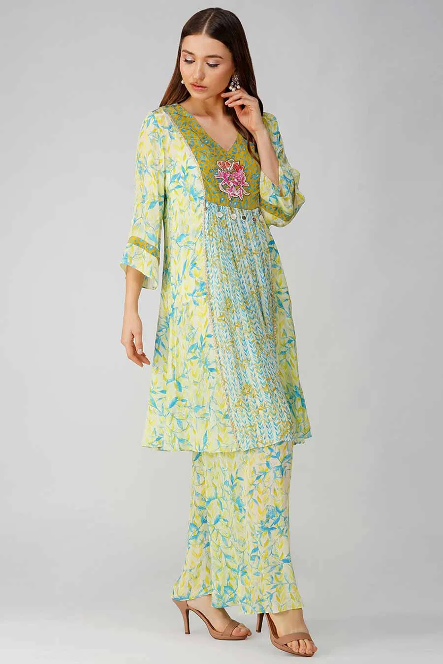 Yellow Leaf Printed Panelled Tunic & Pant Set