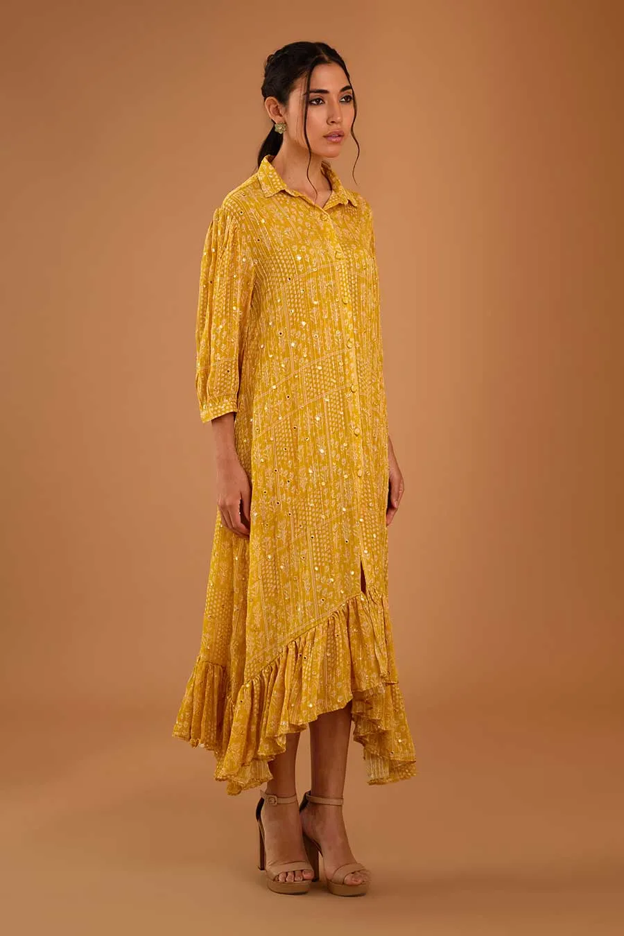 Yellow Mirror Work Asymmetrical Dress