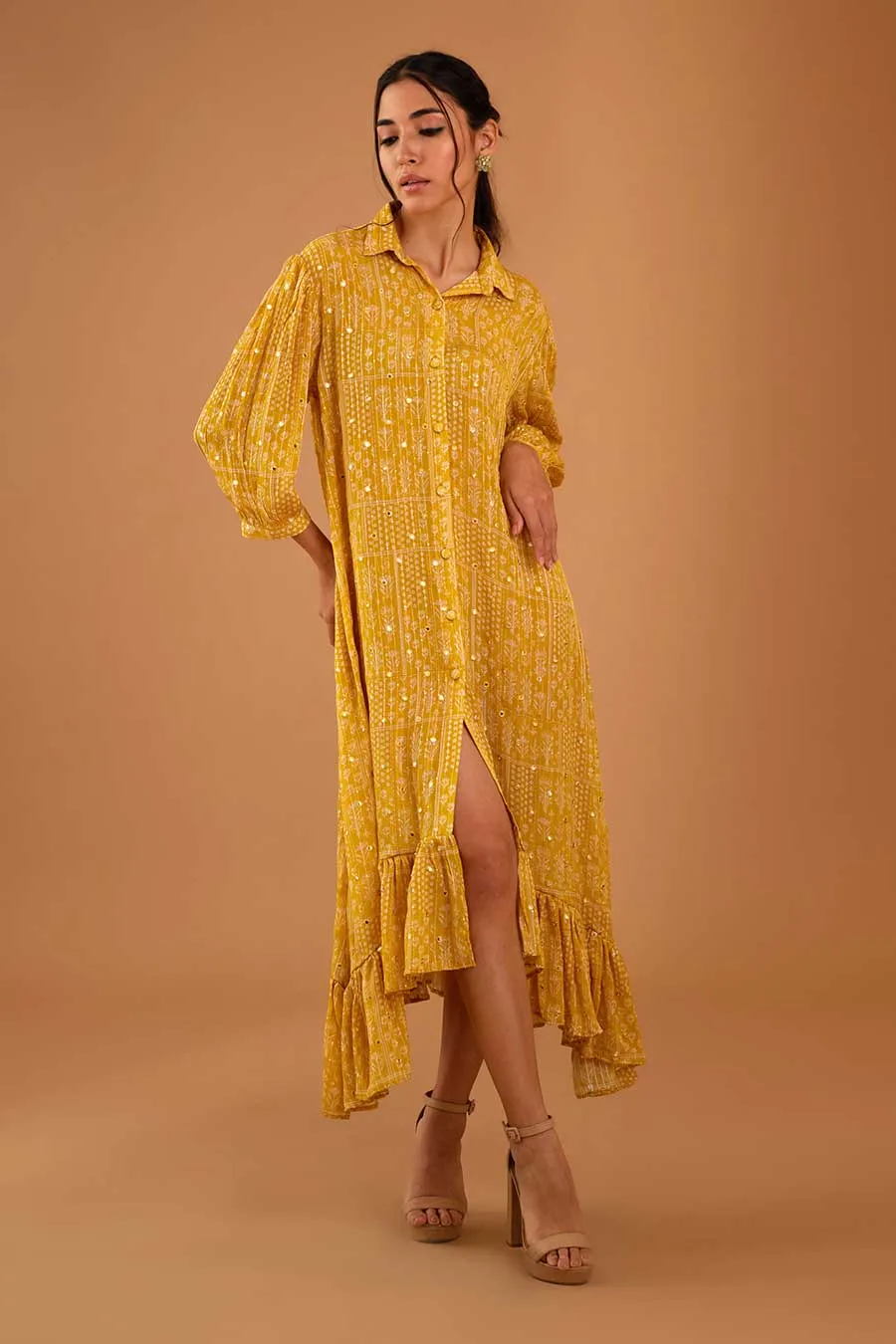 Yellow Mirror Work Asymmetrical Dress
