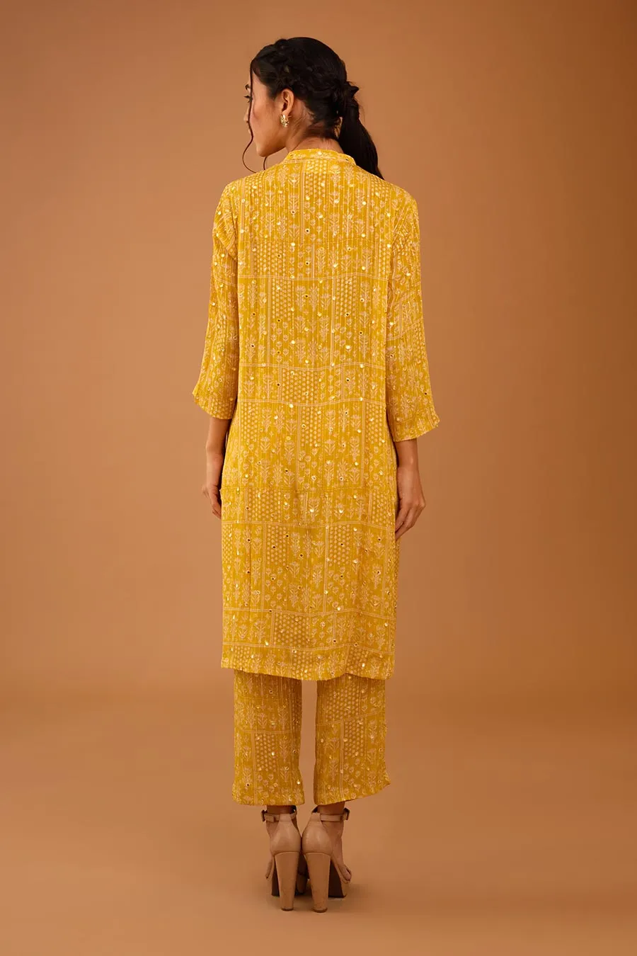 Yellow Mirror Work Band Kurta & Pant Set