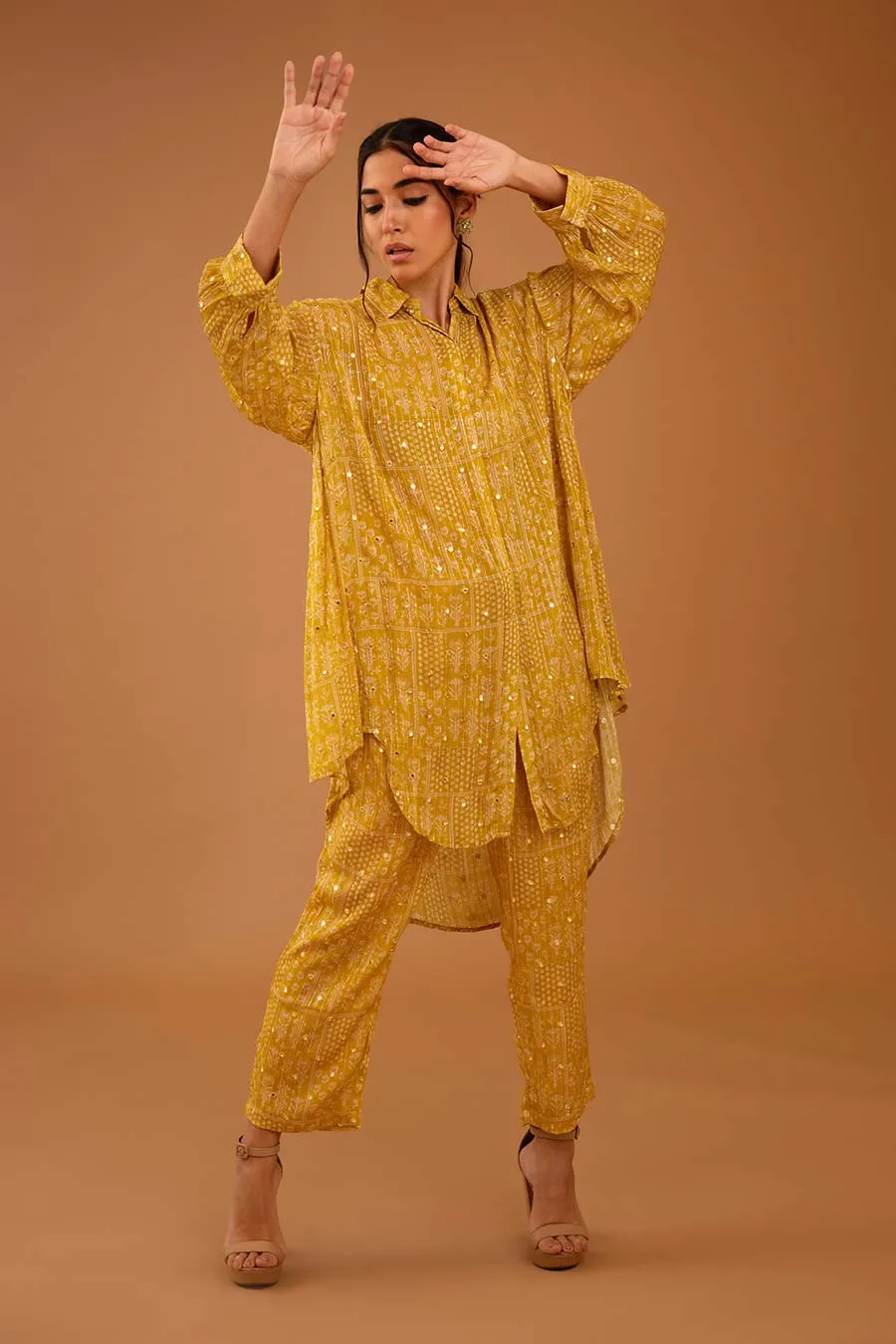 Yellow Mirror Work Indie Shirt & Pant Set