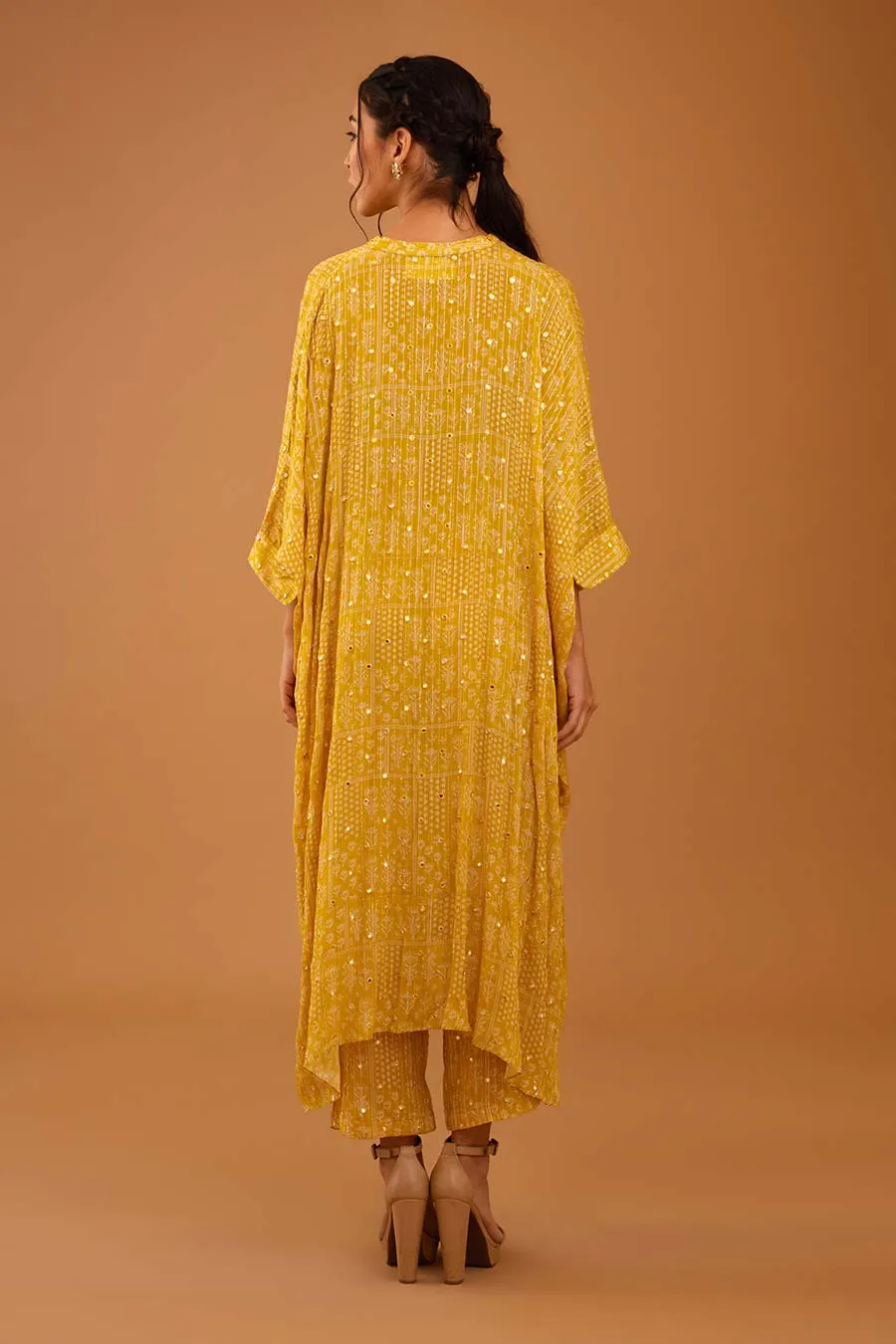 Yellow Mirror Work Long Kaftan & Pant Set