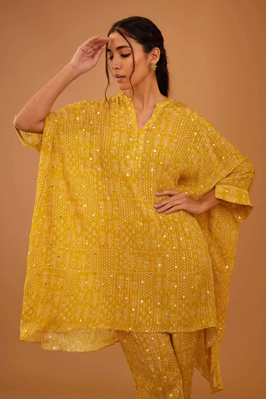 Yellow Mirror Work Short Kaftan & Pant Set