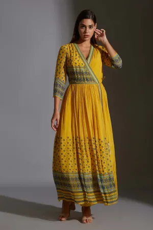 Yellow Printed Angrakha Dress