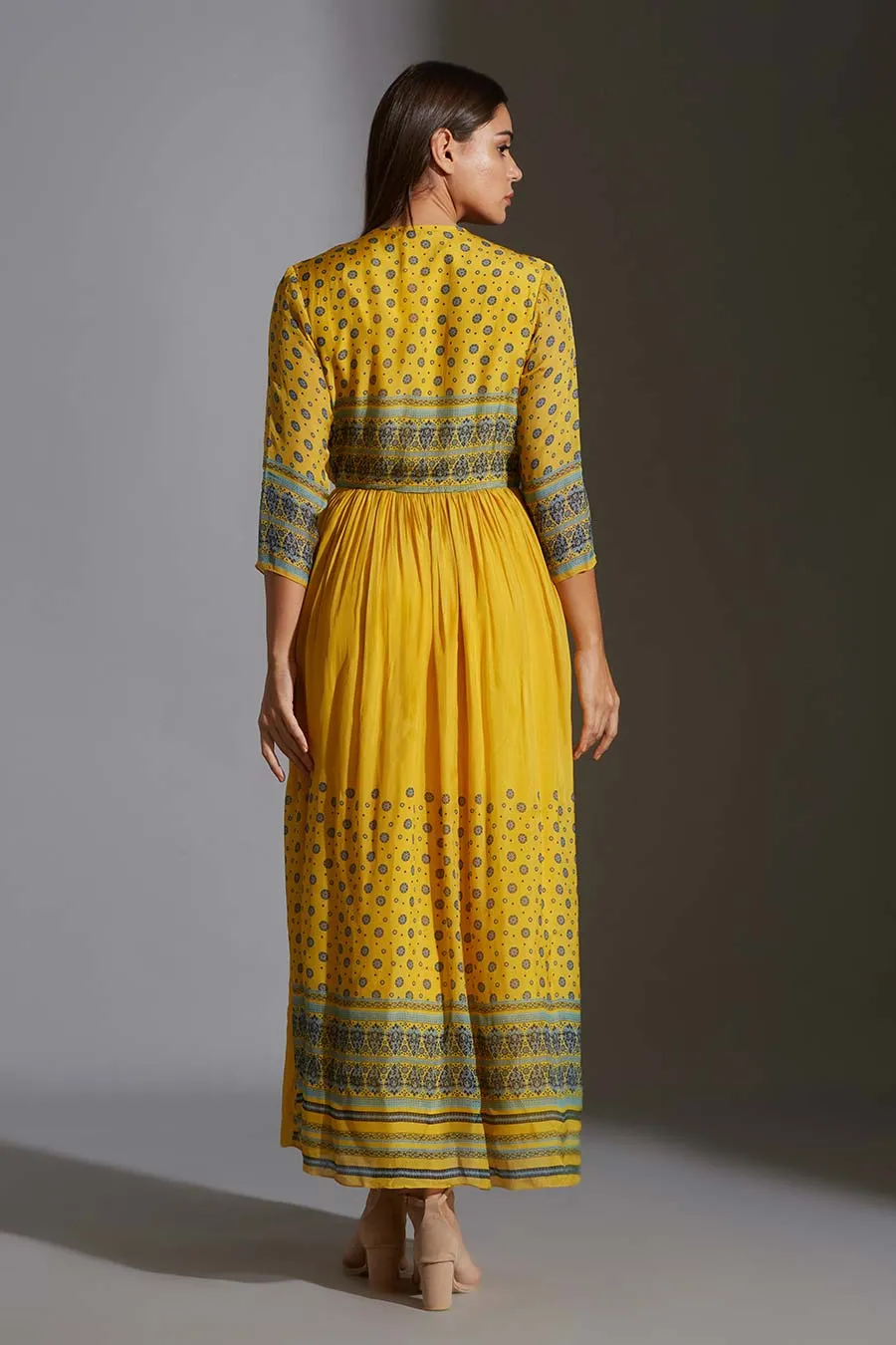 Yellow Printed Angrakha Dress