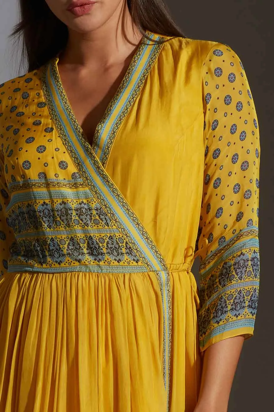 Yellow Printed Angrakha Dress