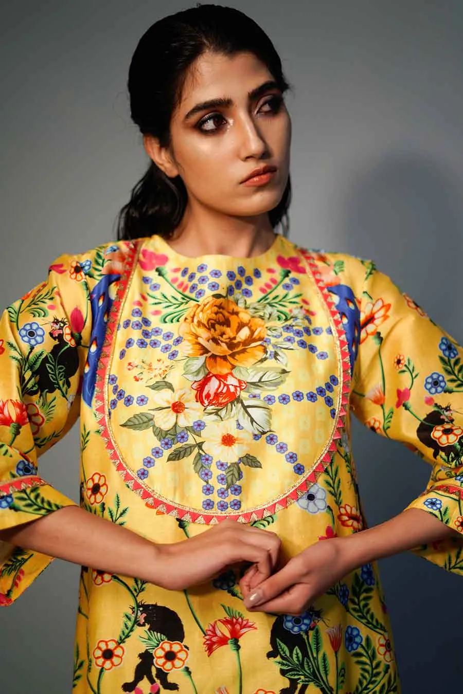 Yellow Printed Chanderi Kurta