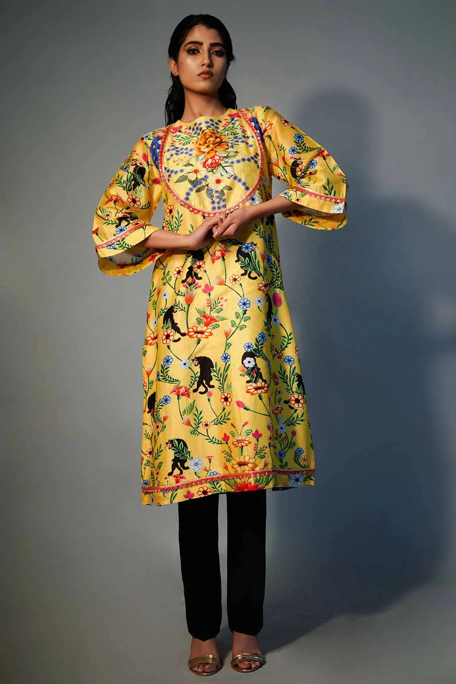 Yellow Printed Chanderi Kurta