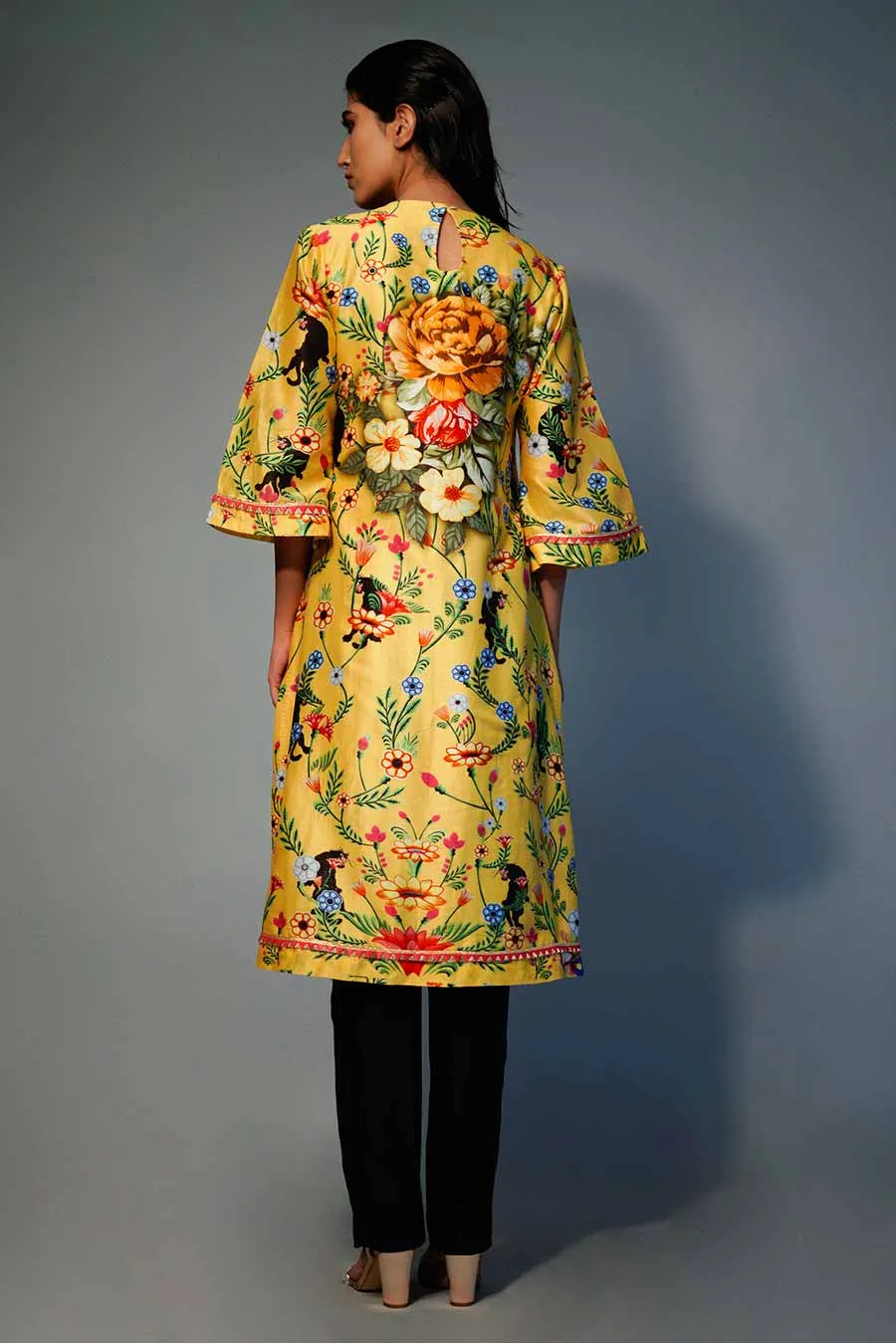 Yellow Printed Chanderi Kurta