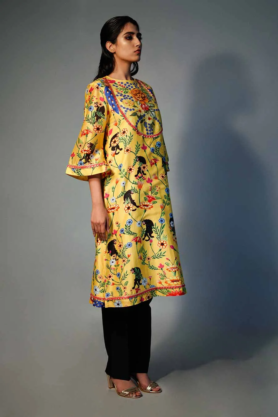 Yellow Printed Chanderi Kurta