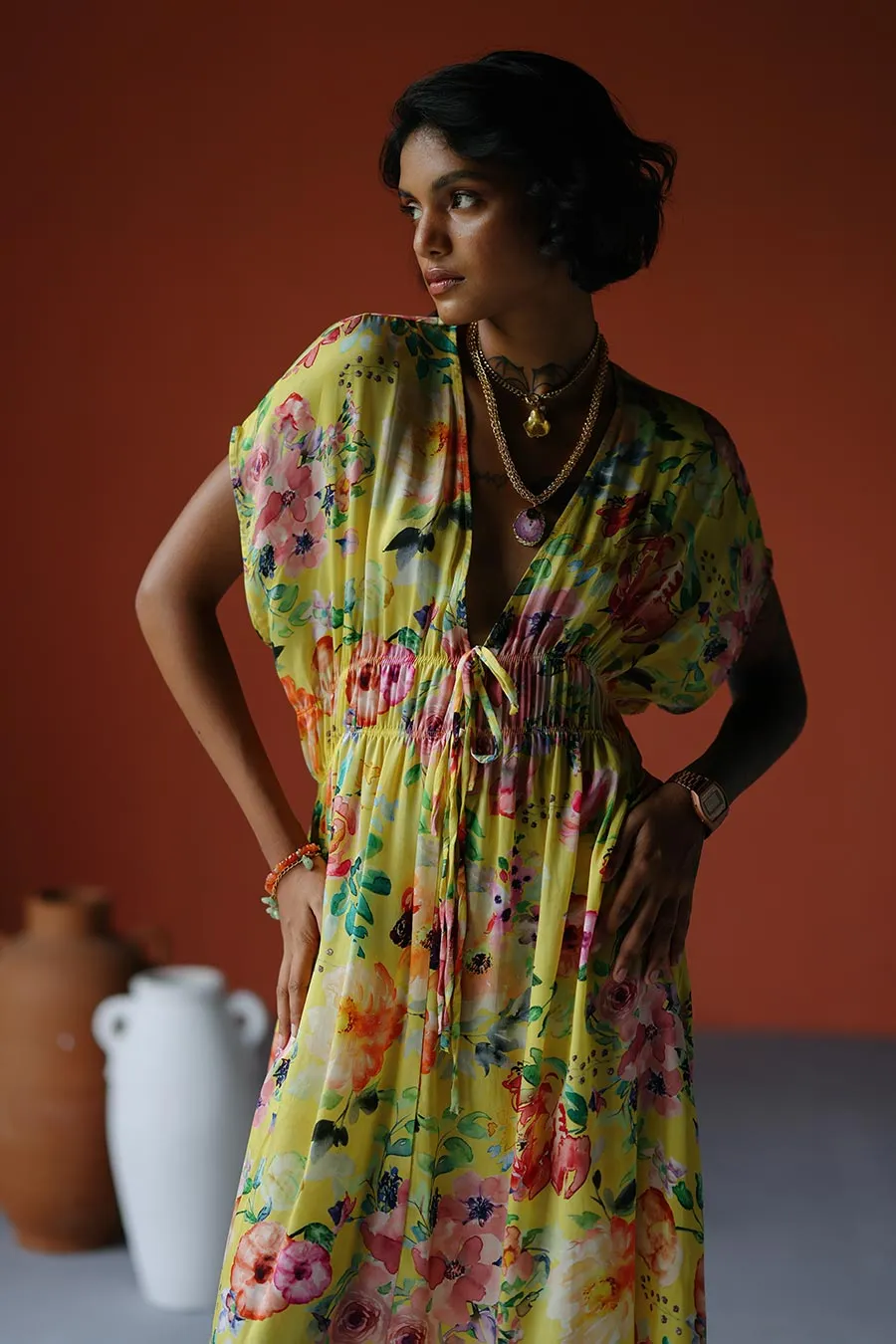 Yellow Printed Drawstring Midi Dress