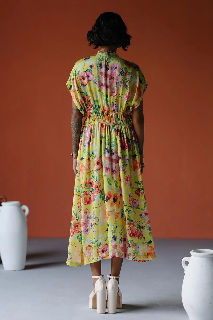 Yellow Printed Drawstring Midi Dress