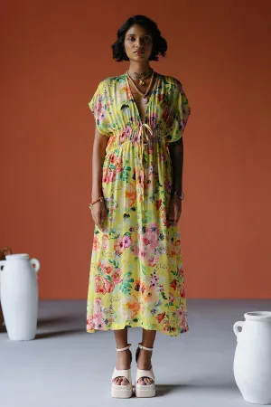 Yellow Printed Drawstring Midi Dress