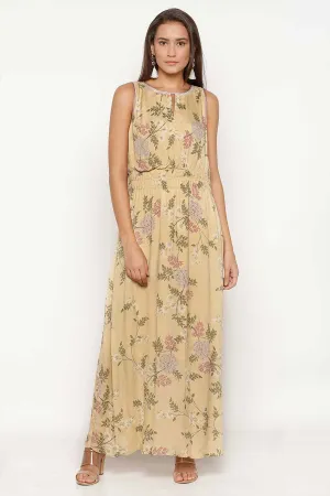 Yellow Printed Gathered Maxi Dress