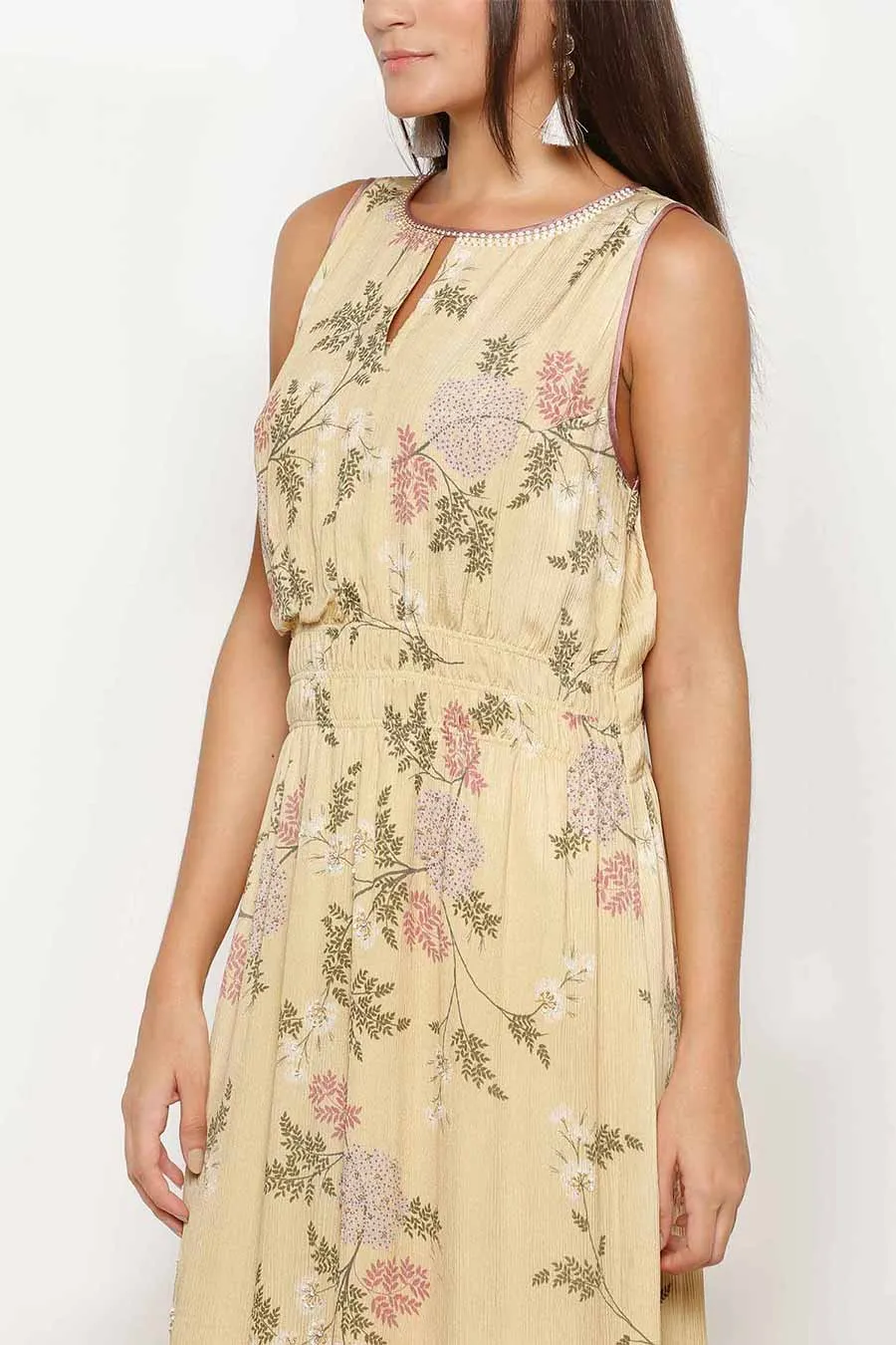 Yellow Printed Gathered Maxi Dress