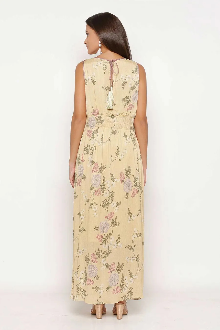Yellow Printed Gathered Maxi Dress