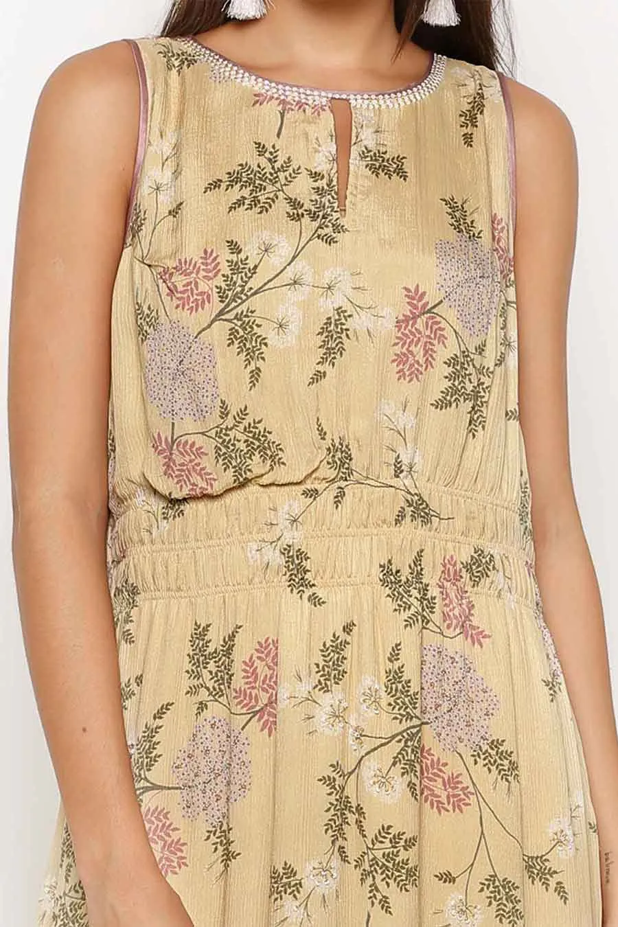 Yellow Printed Gathered Maxi Dress