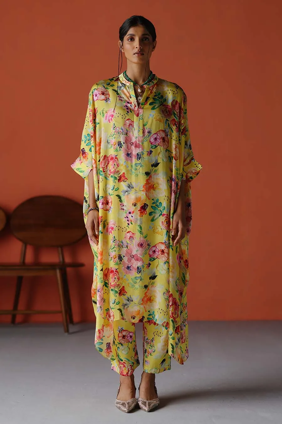 Yellow Printed Long Kaftan & Pant Co-Ord Set