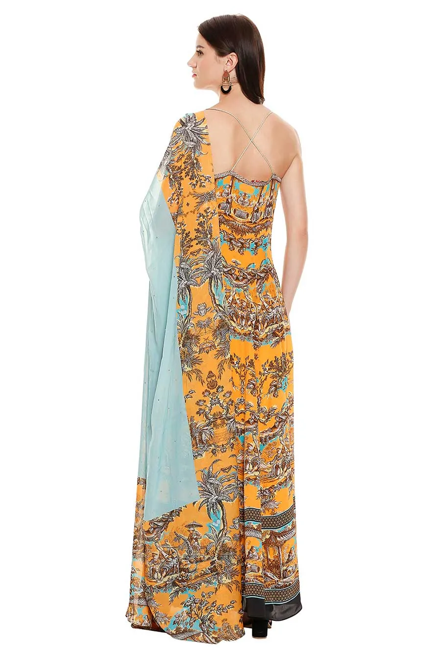 Yellow Printed Maxi Dress with Dupatta