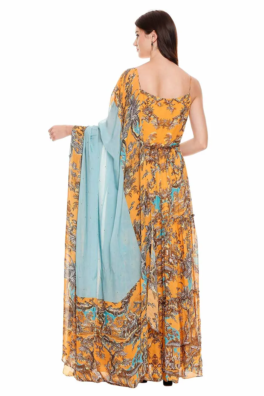 Yellow Printed Maxi Dress with Dupatta