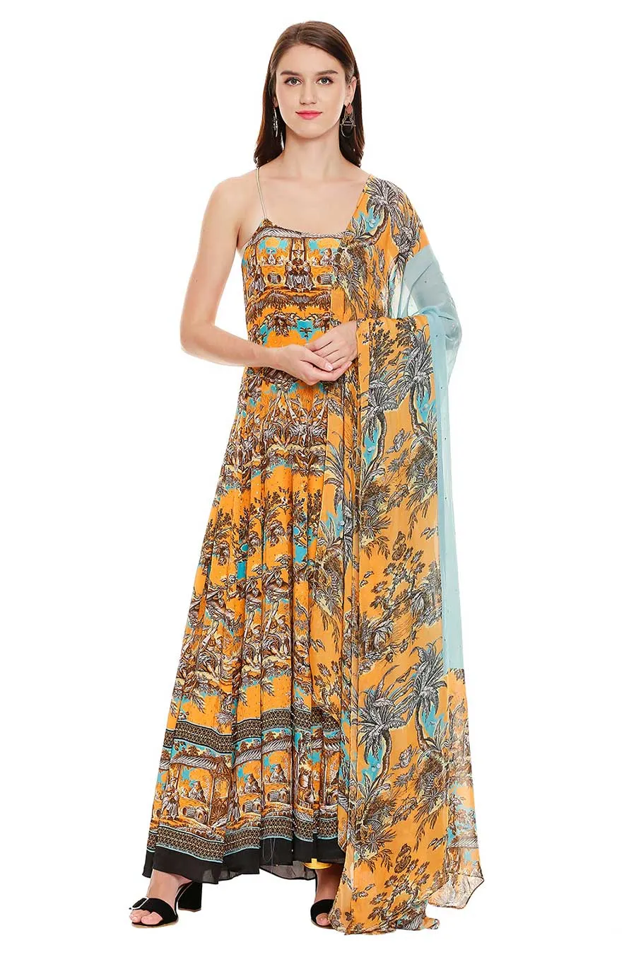 Yellow Printed Maxi Dress with Dupatta