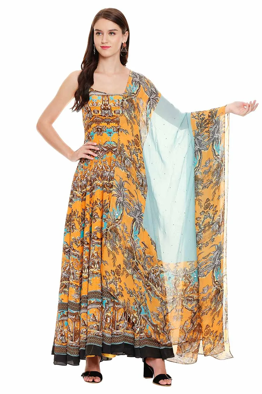Yellow Printed Maxi Dress with Dupatta