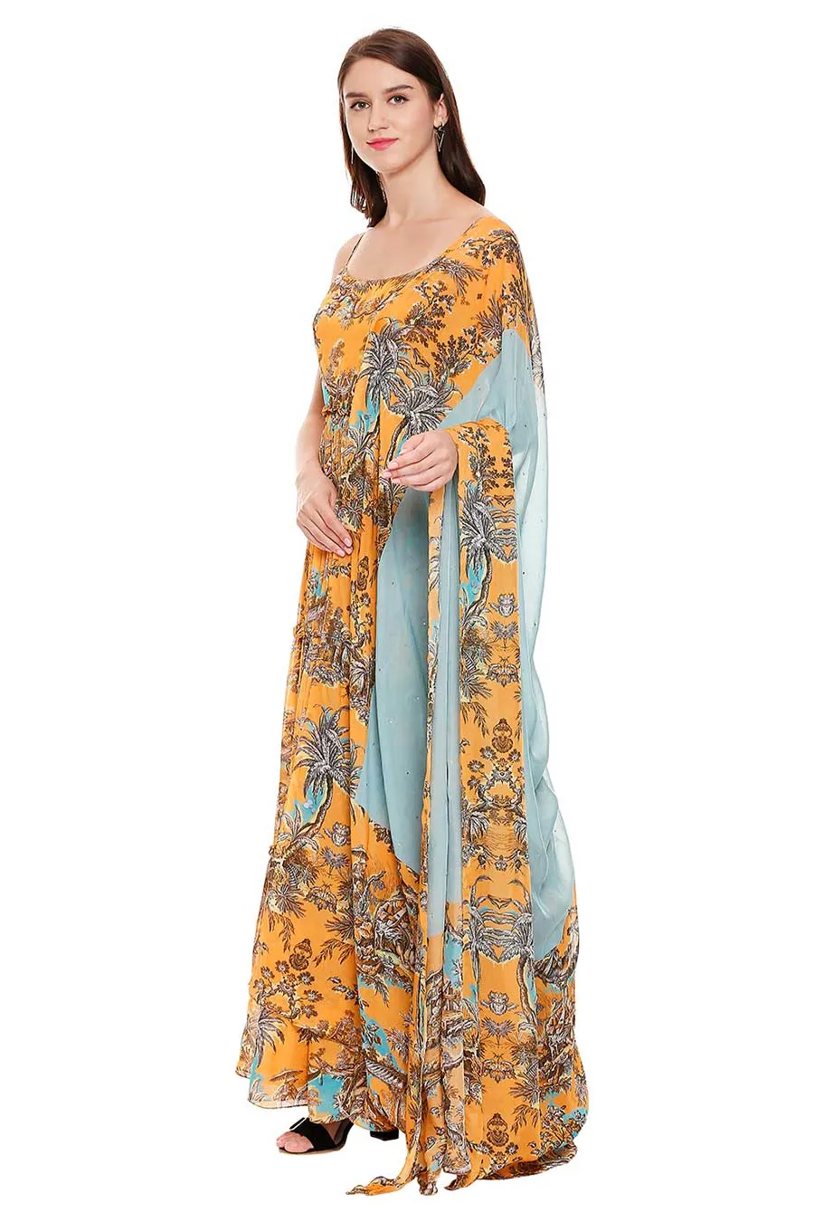 Yellow Printed Maxi Dress with Dupatta