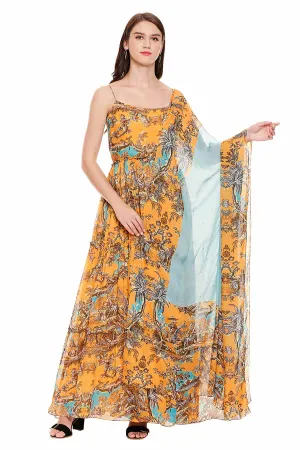 Yellow Printed Maxi Dress with Dupatta