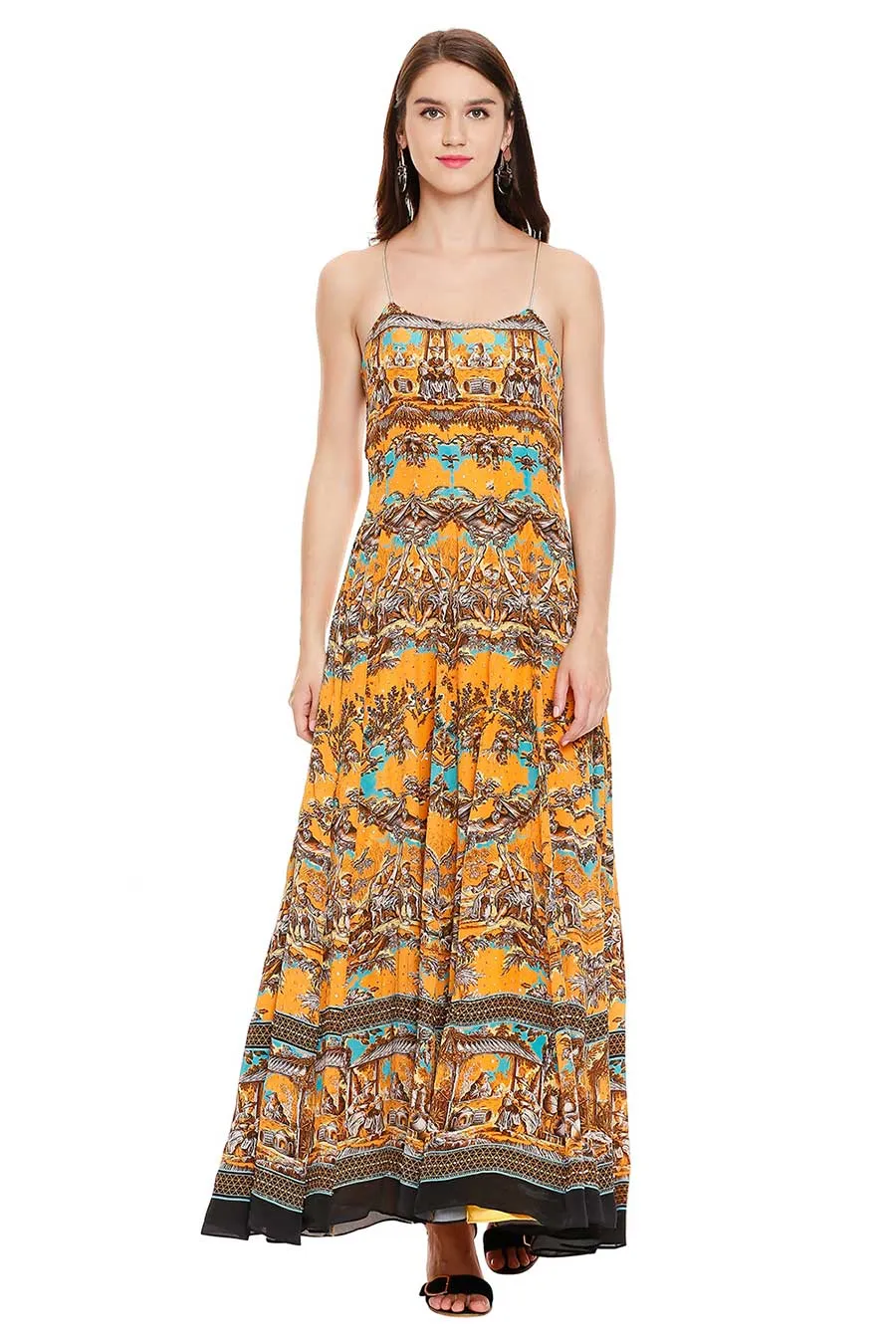 Yellow Printed Maxi Dress with Dupatta