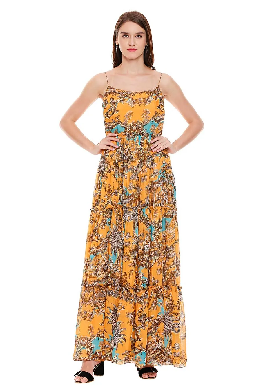 Yellow Printed Maxi Dress with Dupatta