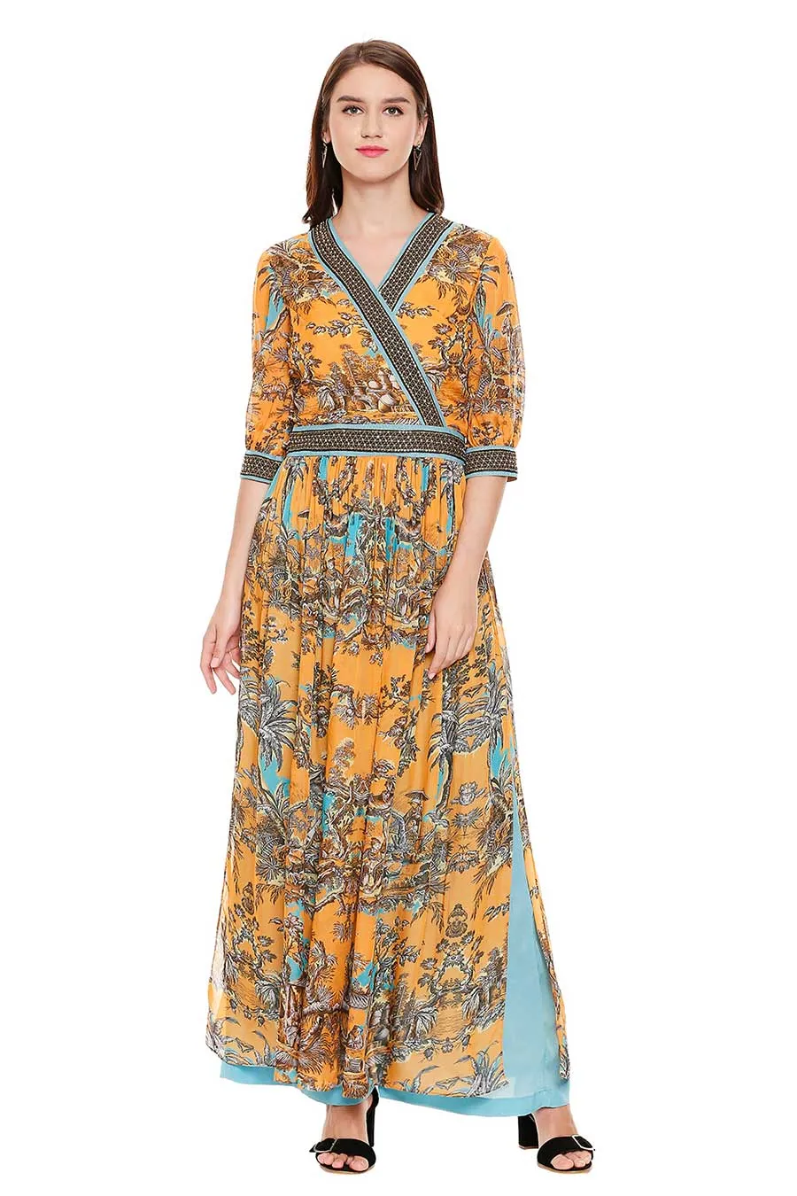 Yellow Printed Overlap Kurta & Pant Set