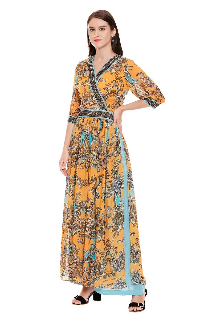 Yellow Printed Overlap Kurta & Pant Set