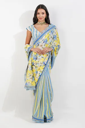 Yellow Vintage Floral Embroidered Saree Set