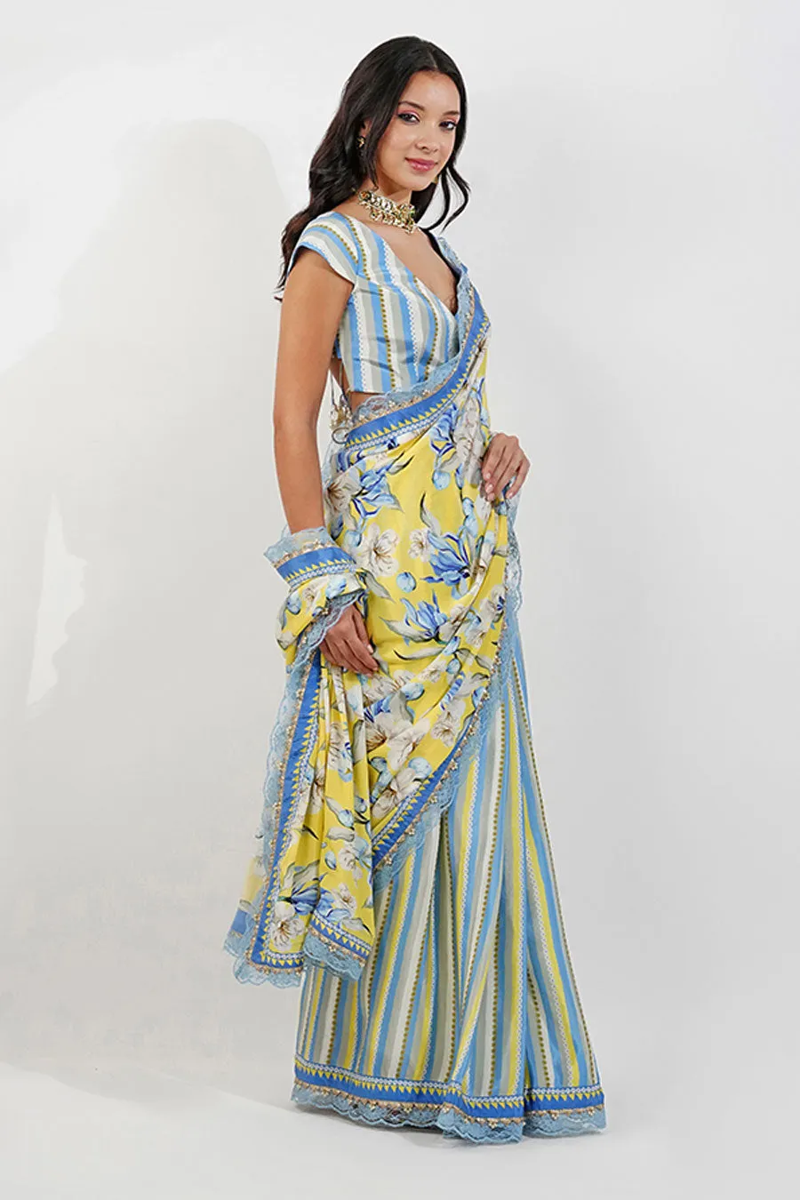 Yellow Vintage Floral Embroidered Saree Set