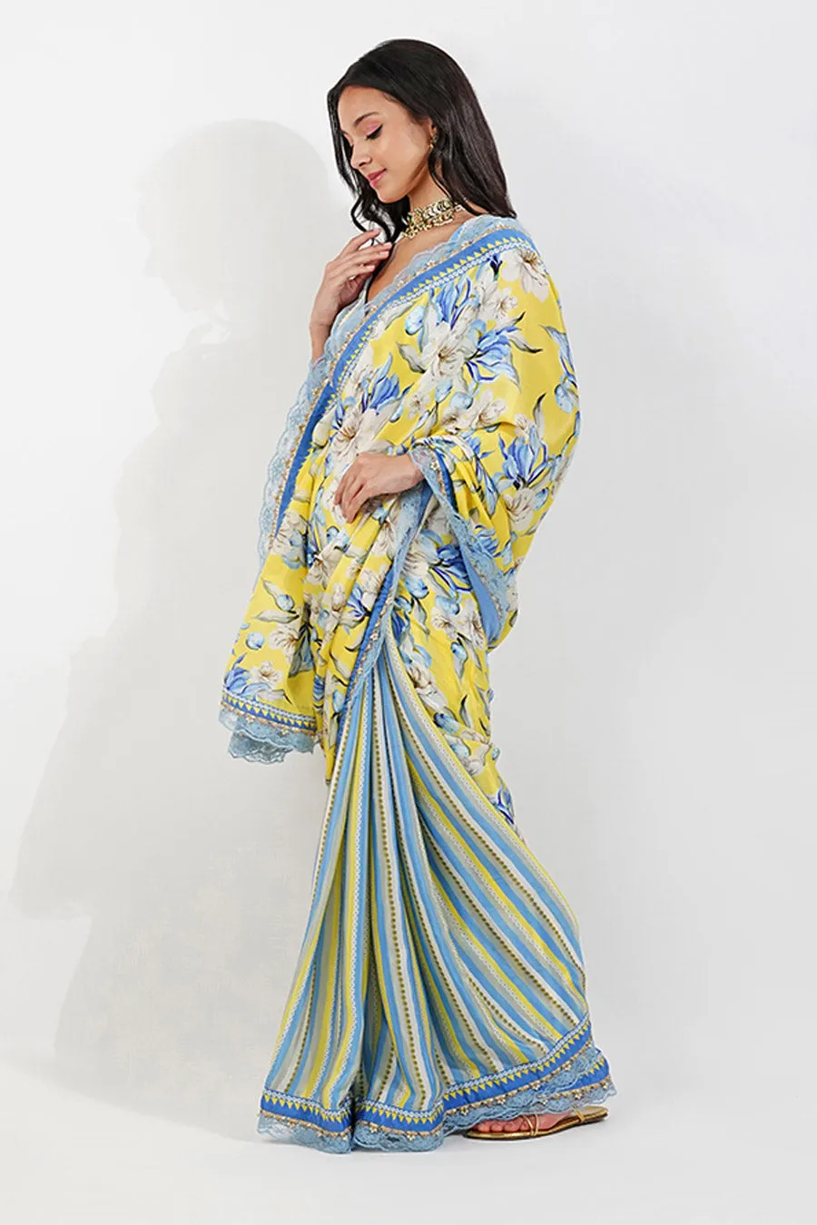 Yellow Vintage Floral Embroidered Saree Set