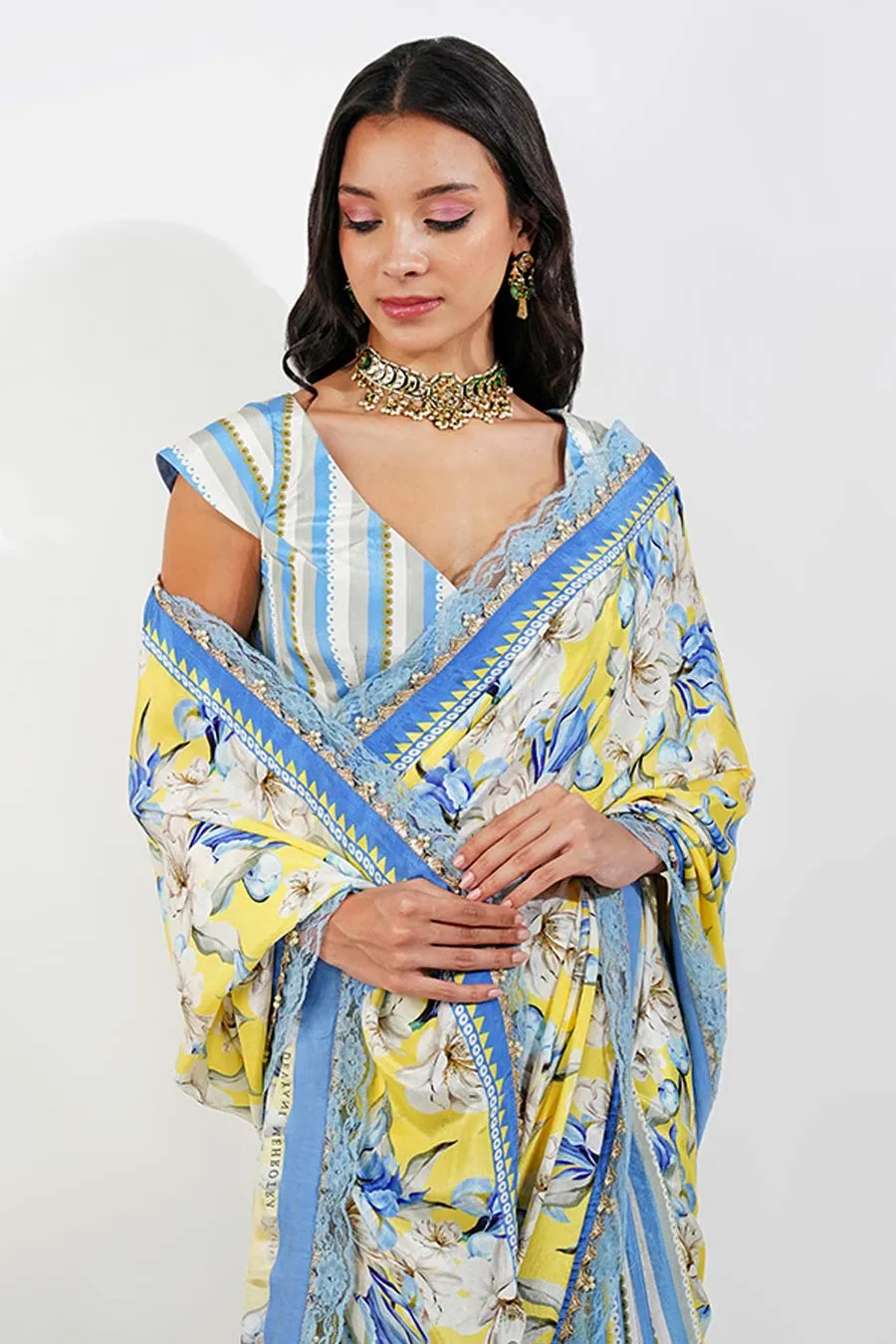 Yellow Vintage Floral Embroidered Saree Set