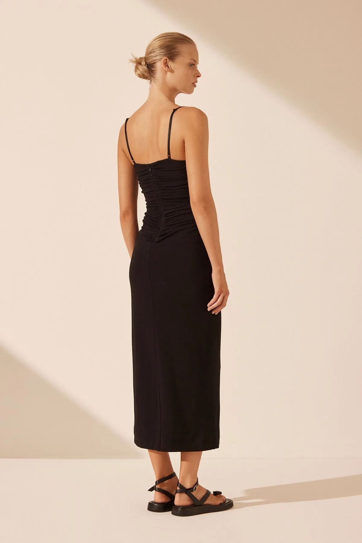 YVETTE LACE UP RUCHED MIDI DRESS