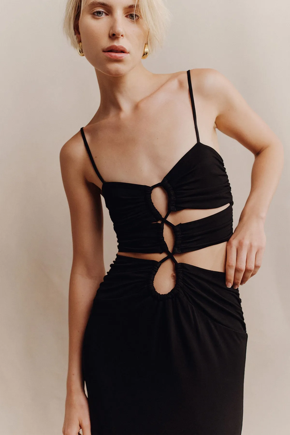 YVETTE LACE UP RUCHED MIDI DRESS