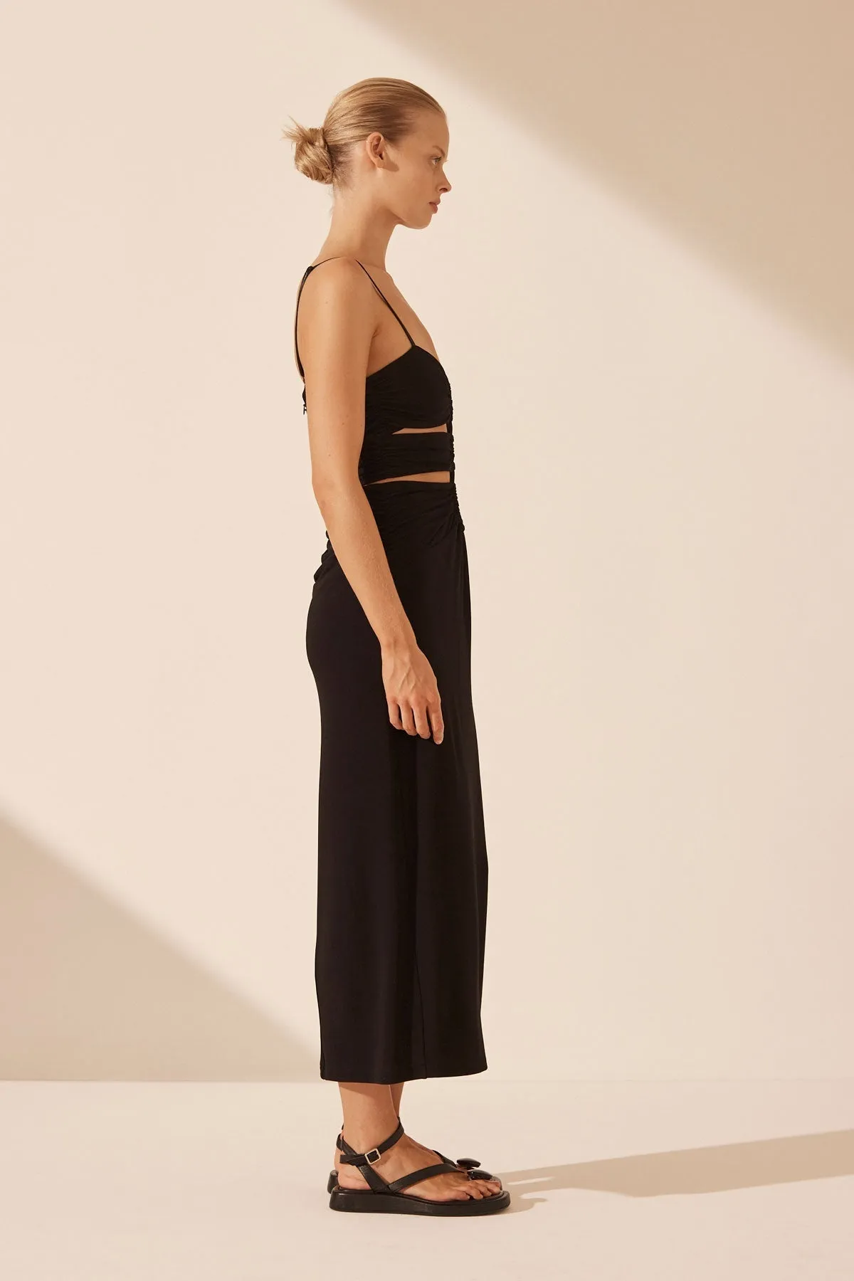 YVETTE LACE UP RUCHED MIDI DRESS